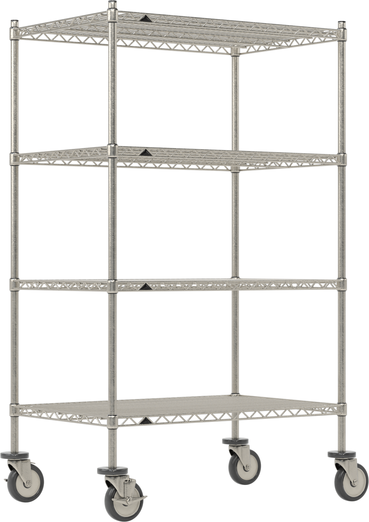 Mobil Ağır Hizmet Tipi Tel Raf, Bölünmüş Manşonlu ve 4 Raflı, Paslanmaz Çelik, 36" x 61.5" x 24"