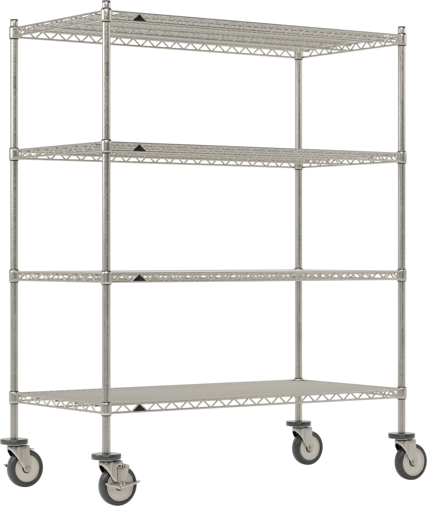 Mobil Ağır Hizmet Tipi Tel Raf, Bölünmüş Manşonlu ve 4 Raflı, Paslanmaz Çelik, 48" x 61.5" x 24"