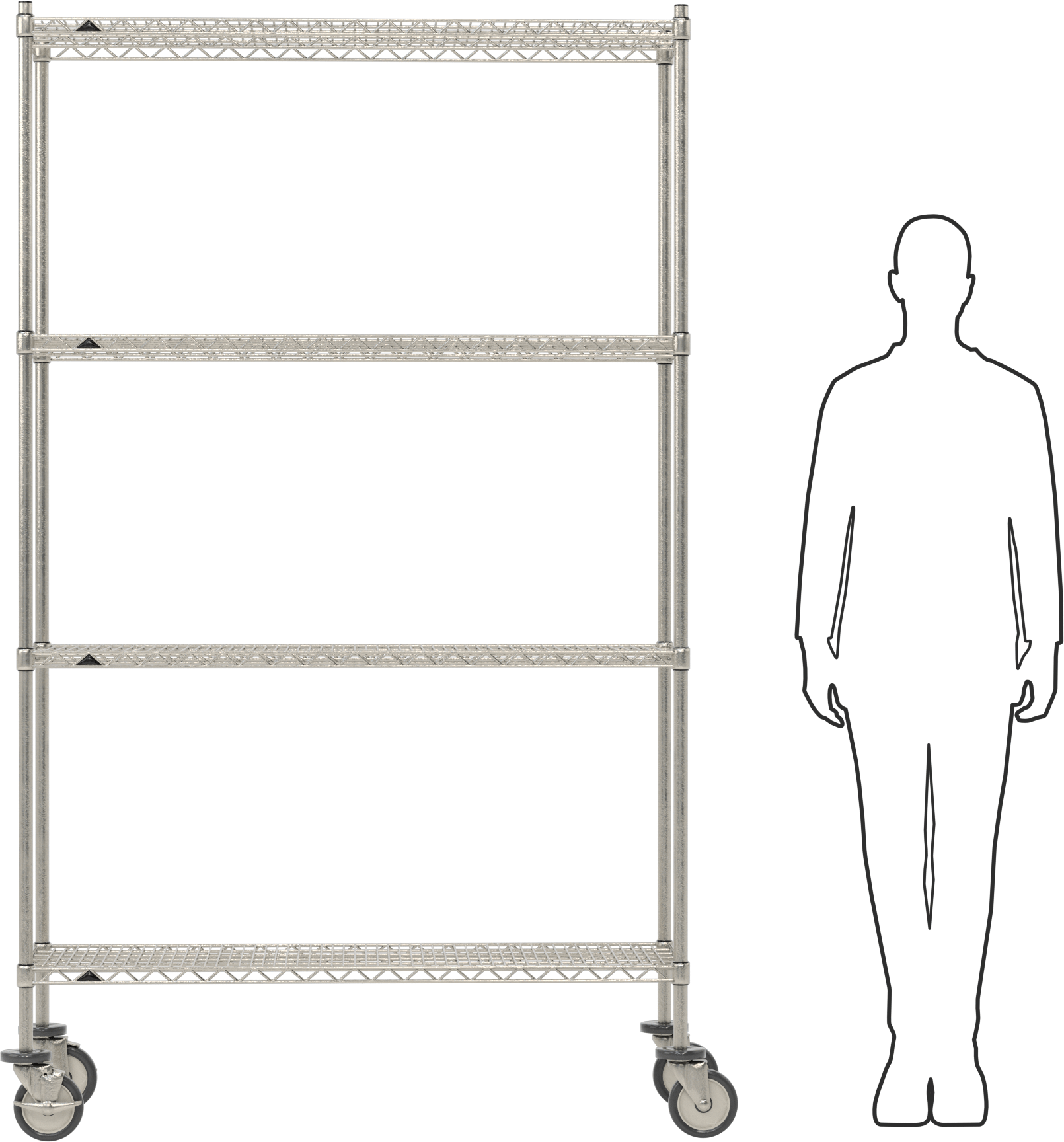 Mobil Ağır Hizmet Tipi Tel Raf, Bölünmüş Manşonlu ve 4 Raflı, Paslanmaz Çelik, 48" x 81.5" x 18"