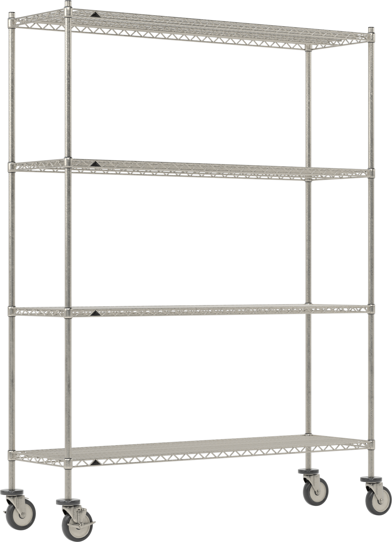 Mobil Ağır Hizmet Tipi Tel Raf, Bölünmüş Manşonlu ve 4 Raflı, Paslanmaz Çelik, 60" x 81.5" x 18"