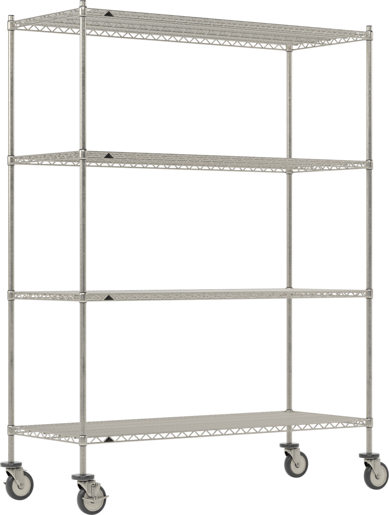 Mobil Ağır Hizmet Tipi Tel Raf, Bölünmüş Manşonlu ve 4 Raflı, Paslanmaz Çelik, 60" x 81.5" x 24"