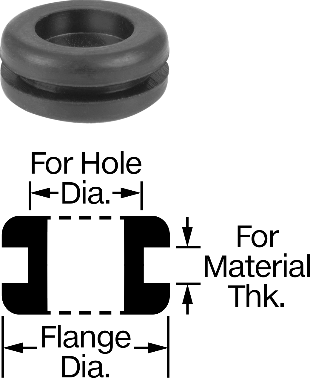 Boyuta Göre Kesilmiş EPDM Kauçuk Grometler, 5/8“ Delik Çapı ve 1/8” Malzeme Kalınlığı için, 1/64" ila 3/8" ID