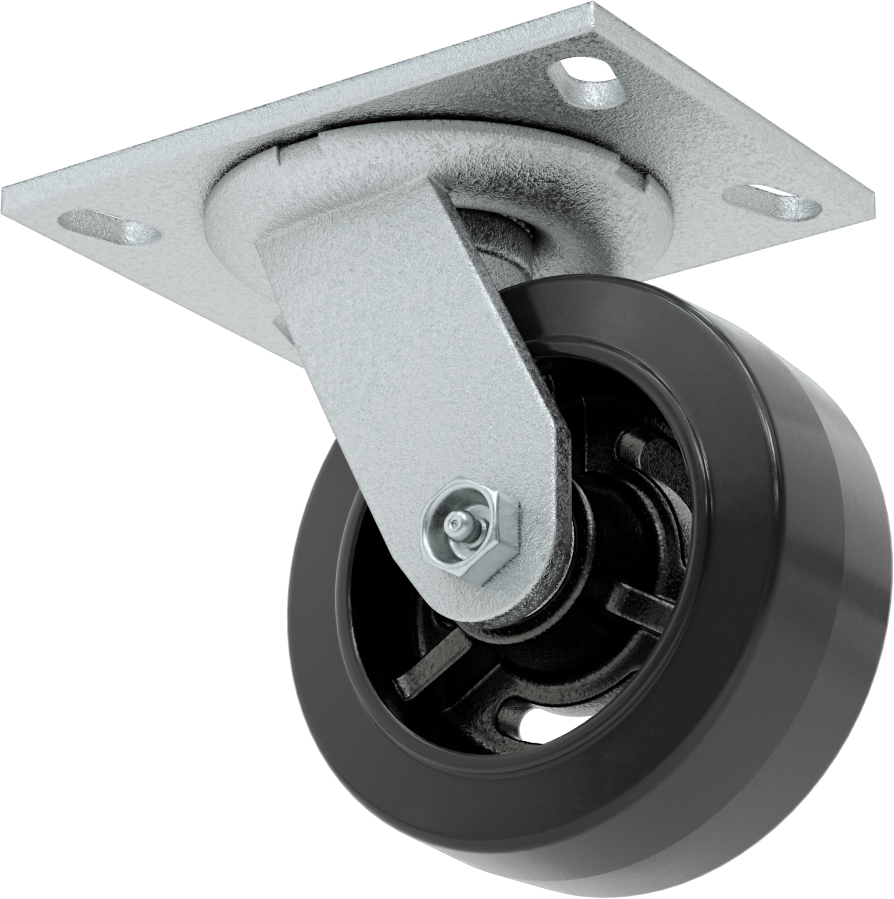 6-1/4“ x 4-1/2” Plakalı Yastıklı Yük Tekerleği, 5 inç Çapında 80A Kauçuk Tekerlekli ve Damgalı Çerçeveli Döner Tekerlek