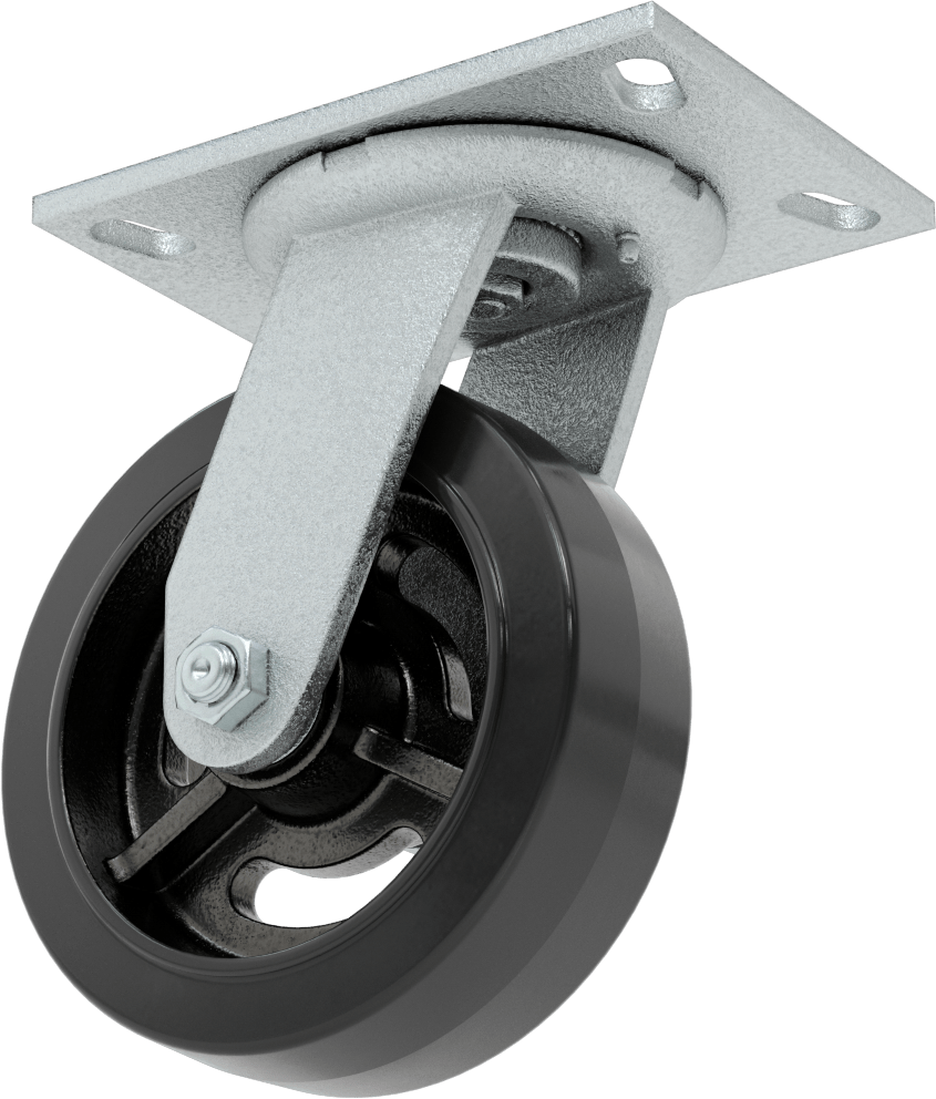 6-1/4“ x 4-1/2” Plakalı Yastıklı Yük Tekerleği, 6 inç Çapında 80A Kauçuk Tekerlekli ve Damgalı Çerçeveli Döner Tekerlek