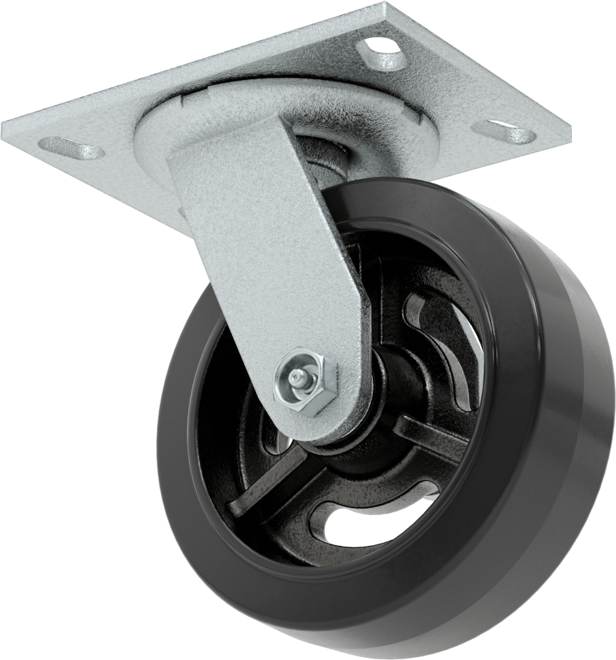 6-1/4“ x 4-1/2” Plakalı Yastıklı Yük Tekerleği, 6 inç Çapında 80A Kauçuk Tekerlekli ve Damgalı Çerçeveli Döner Tekerlek