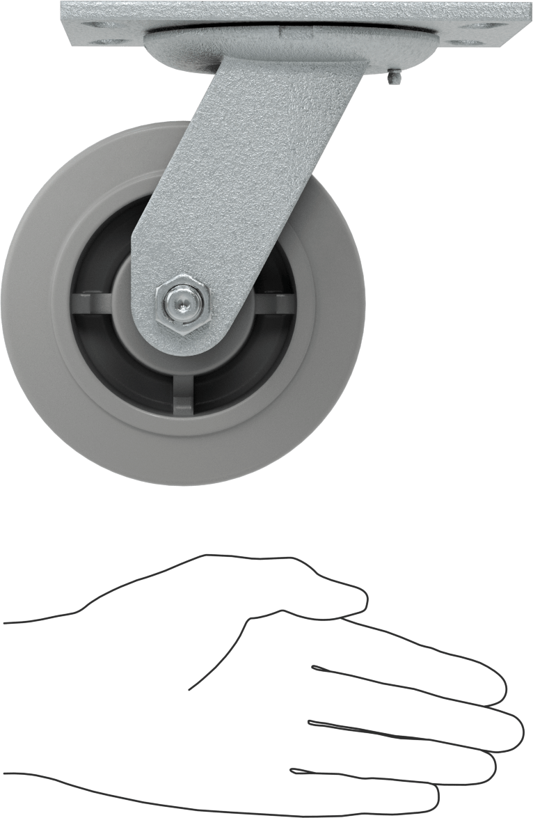 6-1/4“ x 4-1/2” Plakalı Yastıklı Yük Tekerleği, 5" Çaplı 65A Kauçuk Tekerlekli ve Damgalı Çerçeveli Döner Tekerlek