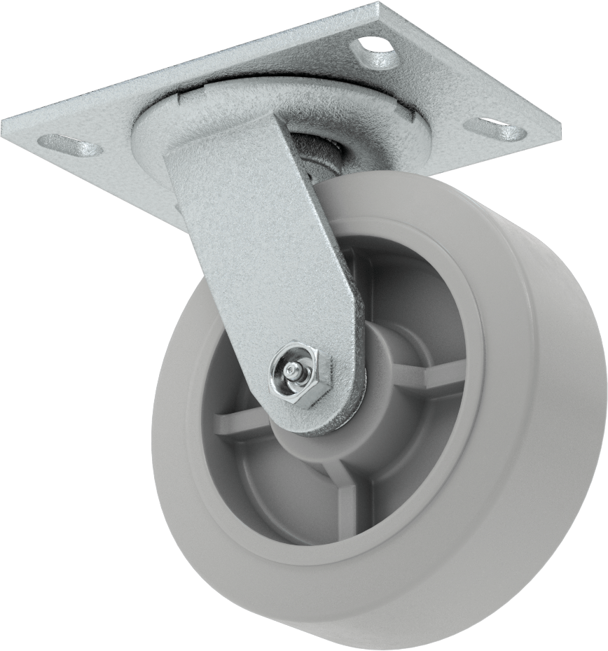6-1/4“ x 4-1/2” Plakalı Yastıklı Yük Tekerleği, 6 inç Çapında 65A Kauçuk Tekerlekli ve Damgalı Çerçeveli Döner Tekerlek