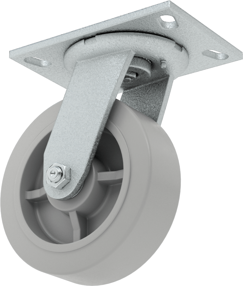 6-1/4“ x 4-1/2” Plakalı Yastıklı Yük Tekerleği, 6 inç Çapında 65A Kauçuk Tekerlekli ve Damgalı Çerçeveli Döner Tekerlek