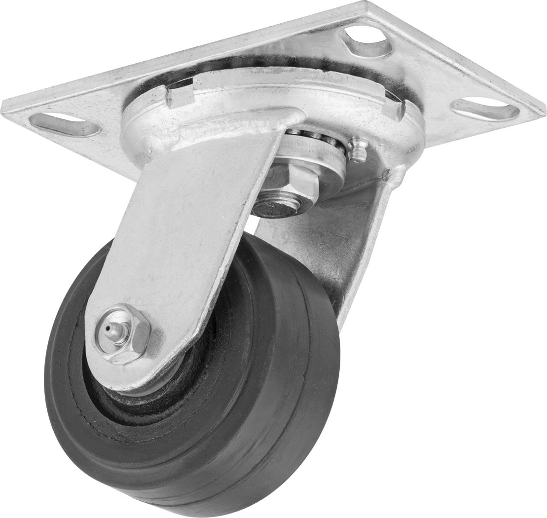 6-1/4“ x 4-1/2” Plakalı Yastıklı Yük Tekerleği, 4 inç Çapında 80A Kauçuk Tekerlekli ve Damgalı Çerçeveli Döner Tekerlek