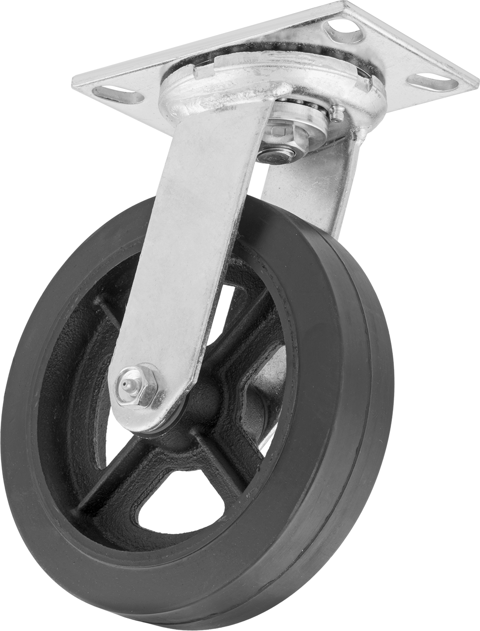 6-1/4“ x 4-1/2” Plakalı Yastıklı Yük Tekerleği, 8 inç Çapında 80A Kauçuk Tekerlekli ve Damgalı Çerçeveli Döner Ayak