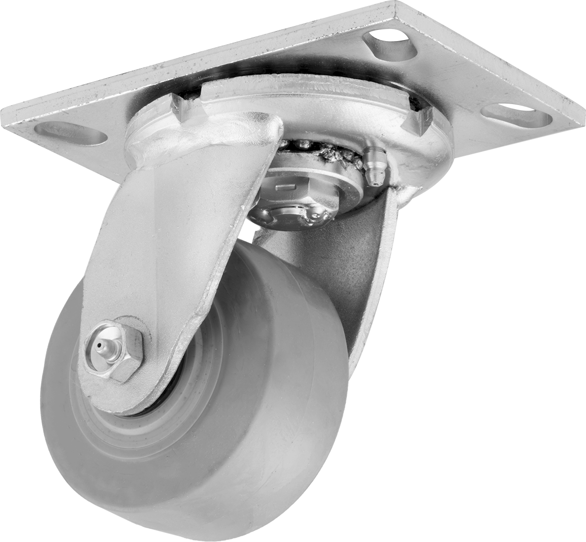 6-1/4“ x 4-1/2” Plakalı Yastıklı Yük Tekerleği, 4" Çapında 65A Kauçuk Tekerlekli ve Damgalı Çerçeveli Döner Tekerlek
