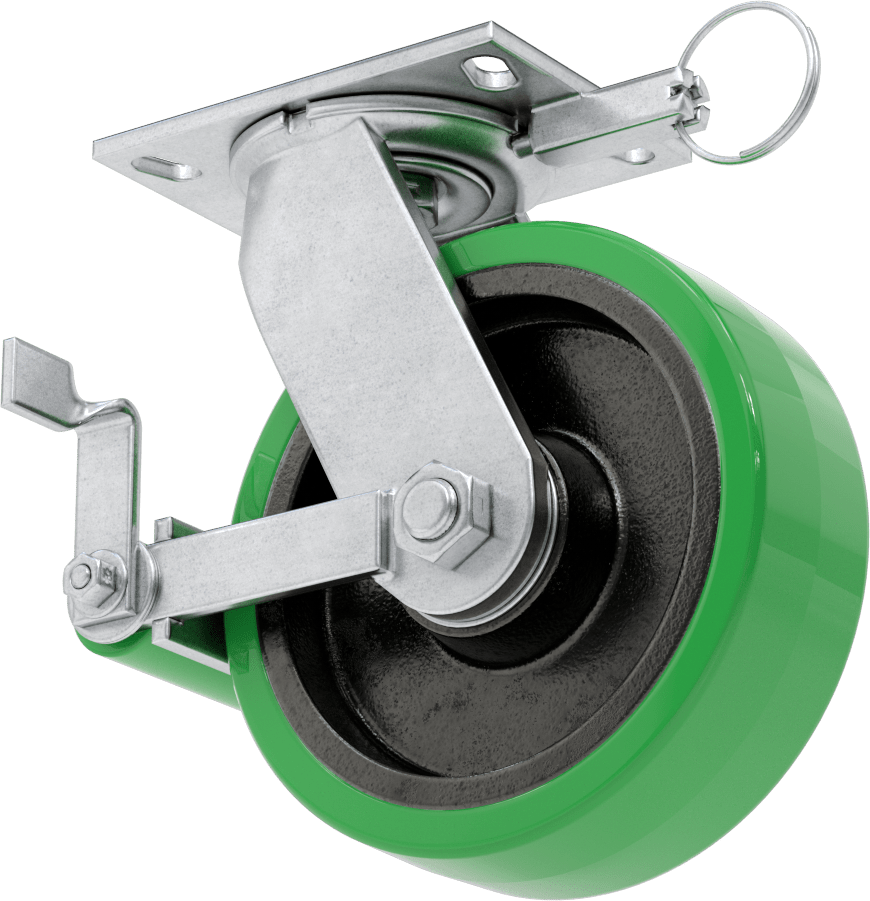 6-1/4“ x 4-1/2” Plakalı Viking Tekerlek, Kilitli ve 8" Çapında Poliüretan Tekerlekli Döner Tekerlek