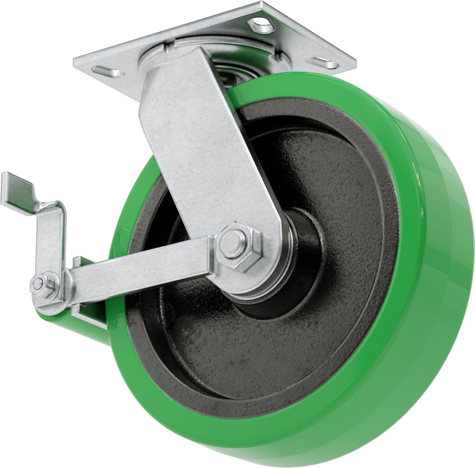 6-1/4“ x 4-1/2” Plakalı Viking Tekerlek, 2000 lb. Kapasite, Döner, Fren ve 10 inç x 2,5 inç Poliüretan Tekerlek