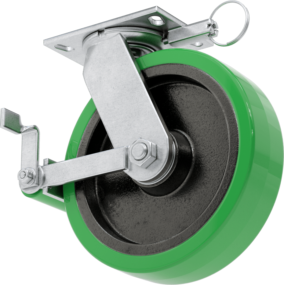 6-1/4“ x 4-1/2” Plakalı Viking Tekerlek, 2000 lb. Kapasite, Döner, Kilit ve 10“ x 2,5” Poliüretan Tekerlek