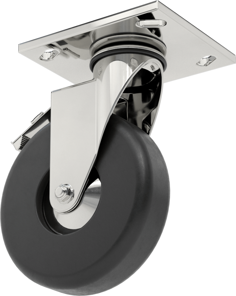 4-1/2“ x 4” Plakalı Parlak Yüzeyli Tekerlek, Frenli Döner Tekerlek ve 5" Çaplı Kauçuk Tekerlek