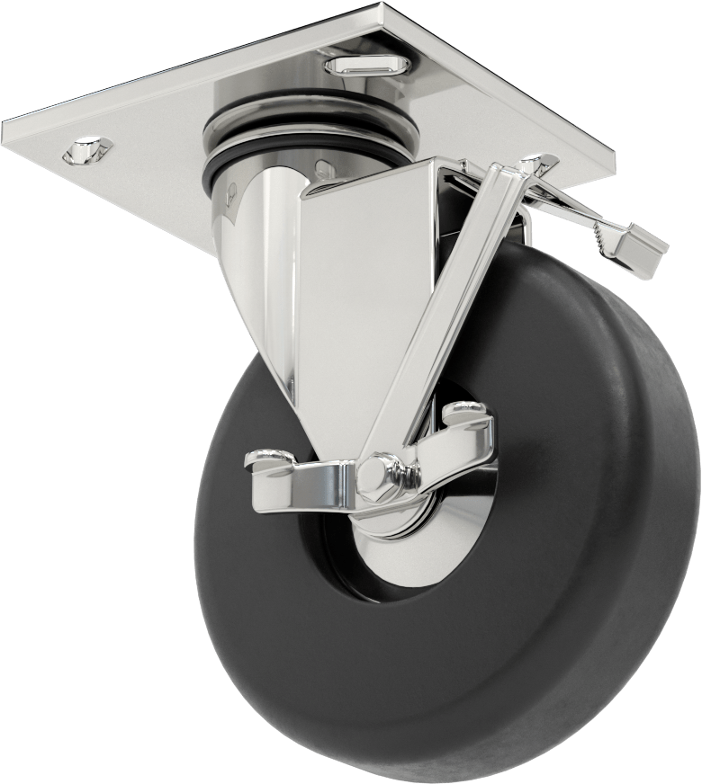 4-1/2“ x 4” Plakalı Parlak Yüzeyli Tekerlek, Frenli Döner Tekerlek ve 5" Çaplı Kauçuk Tekerlek