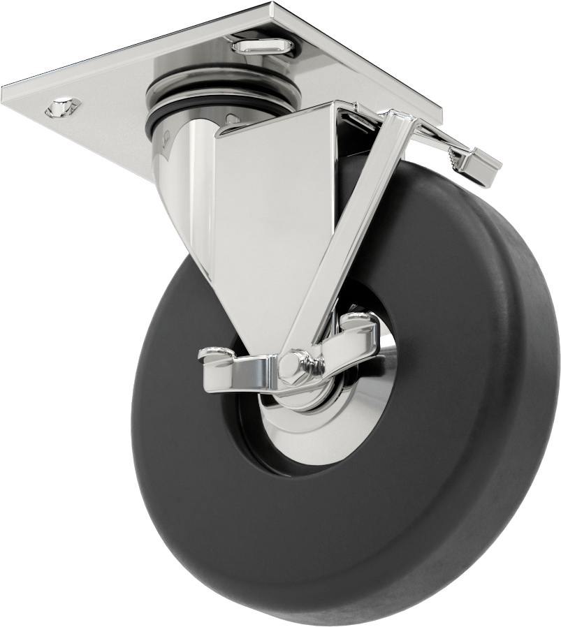 4-1/2“ x 4” Plakalı Parlak Yüzeyli Tekerlek, Frenli Döner Ayak ve 6 inç Çapında Kauçuk Tekerlek
