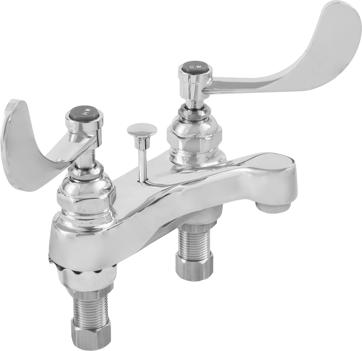 Çift 1/2 NPS Alt Girişli Lavabo Bataryası, 3-3/4" Uzunluk Sabit Ağızlık, Açılır Drenaj, Bıçak Sapları