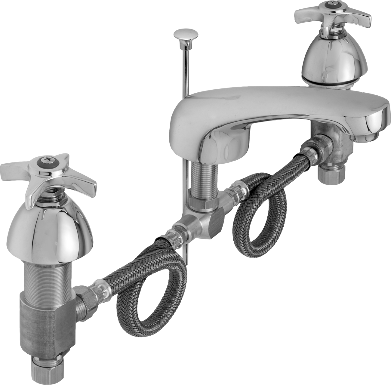 Çift 1/2 NPT Alt Girişli Lavabo Bataryası, 5" Uzun Sabit Ağızlık, Çapraz Tutamaklar ve Açılır-Kapanır Tahliye