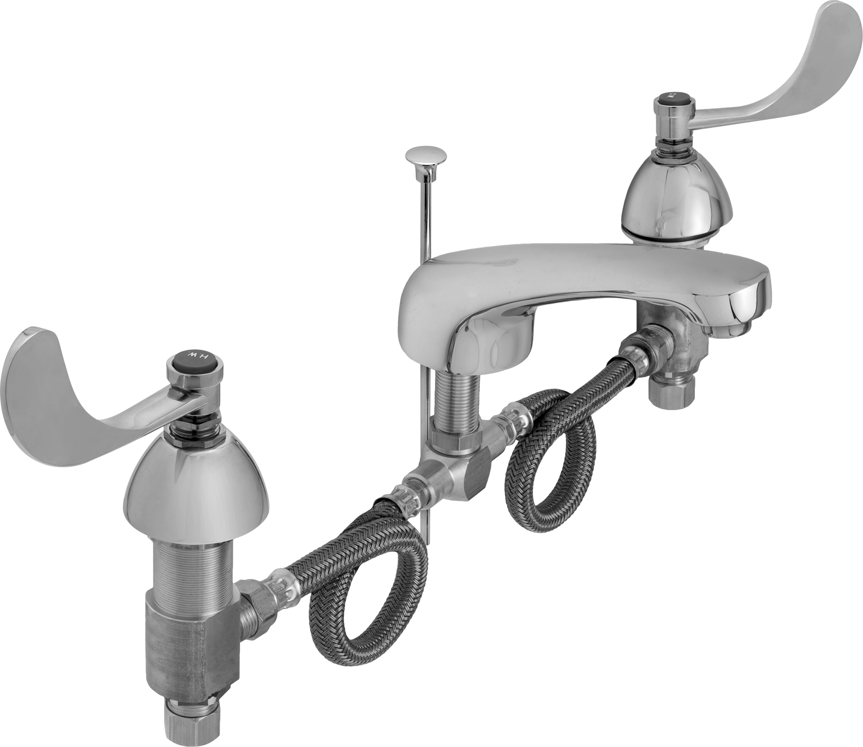 Çift 1/2 NPT Alt Girişli Lavabo Bataryası, 5" Uzun Sabit Ağızlık, Bilek Sapları ve Açılır-Kapanır Drenaj
