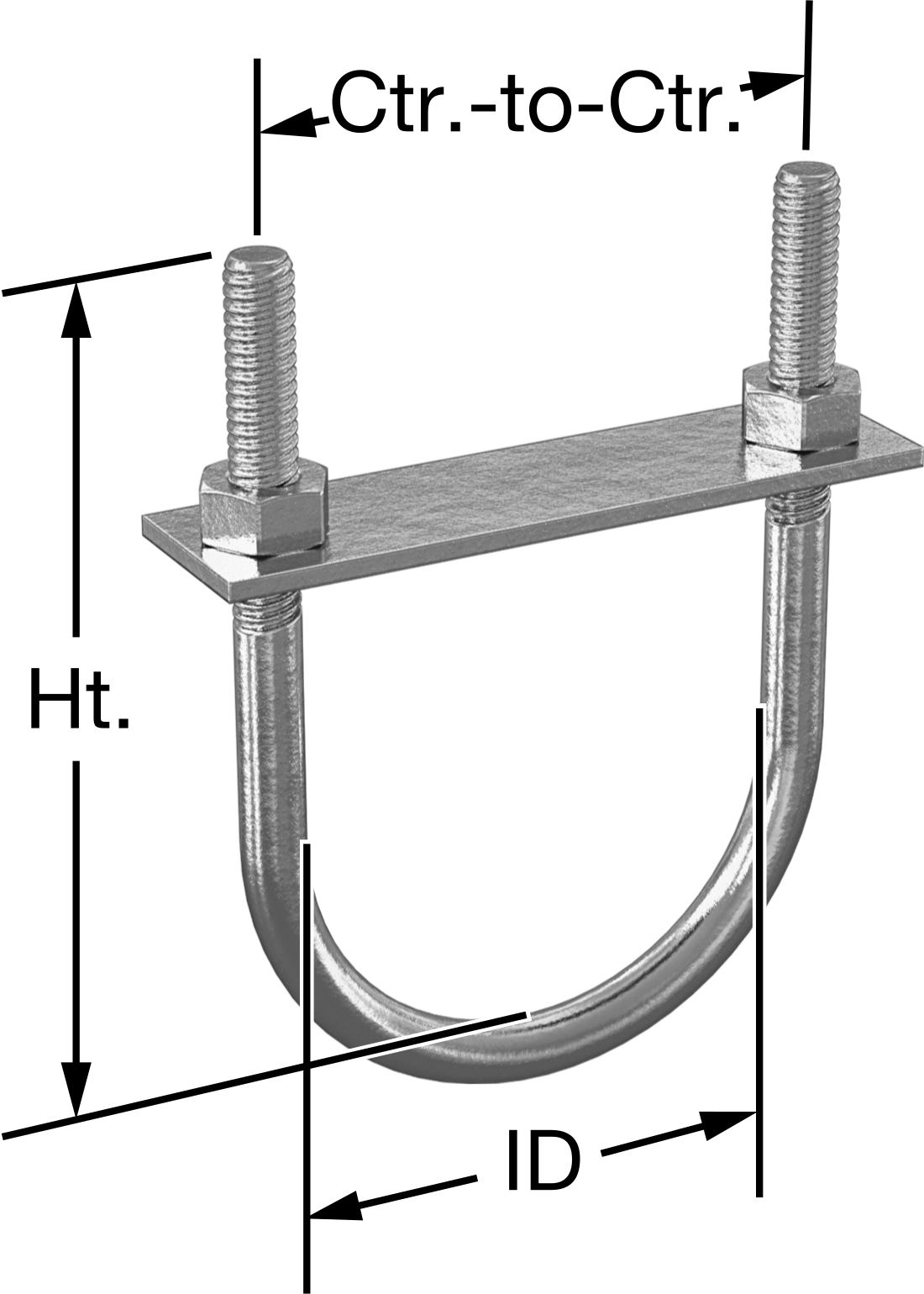 Galvanizli Çelik U Cıvatası, Montaj Plakası ile, 1/4"-20 Diş Boyutu, 1-1/4" ID