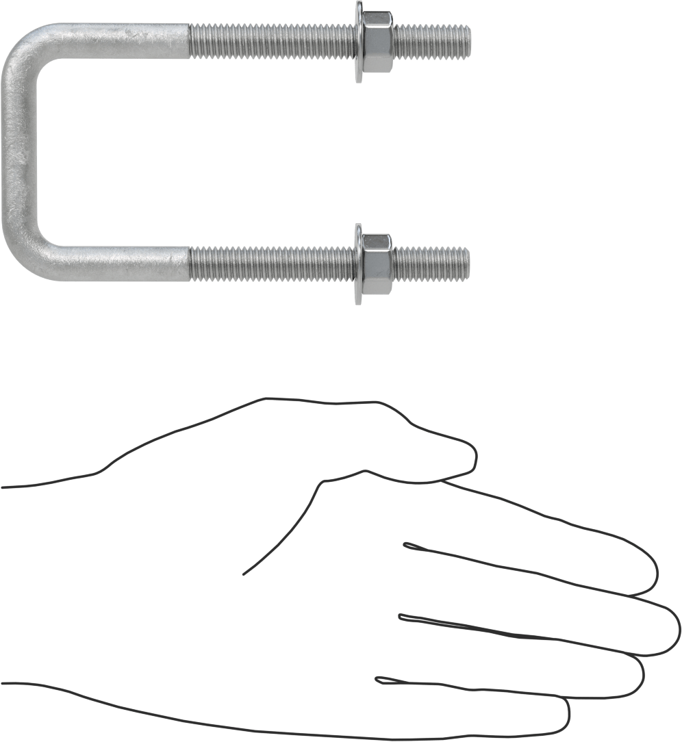 Kare U-Cıvata, Galvanizli Çelik, 3/8"-16 Diş Boyutu, 2" İç Genişlik, 4-5/8" Yükseklik