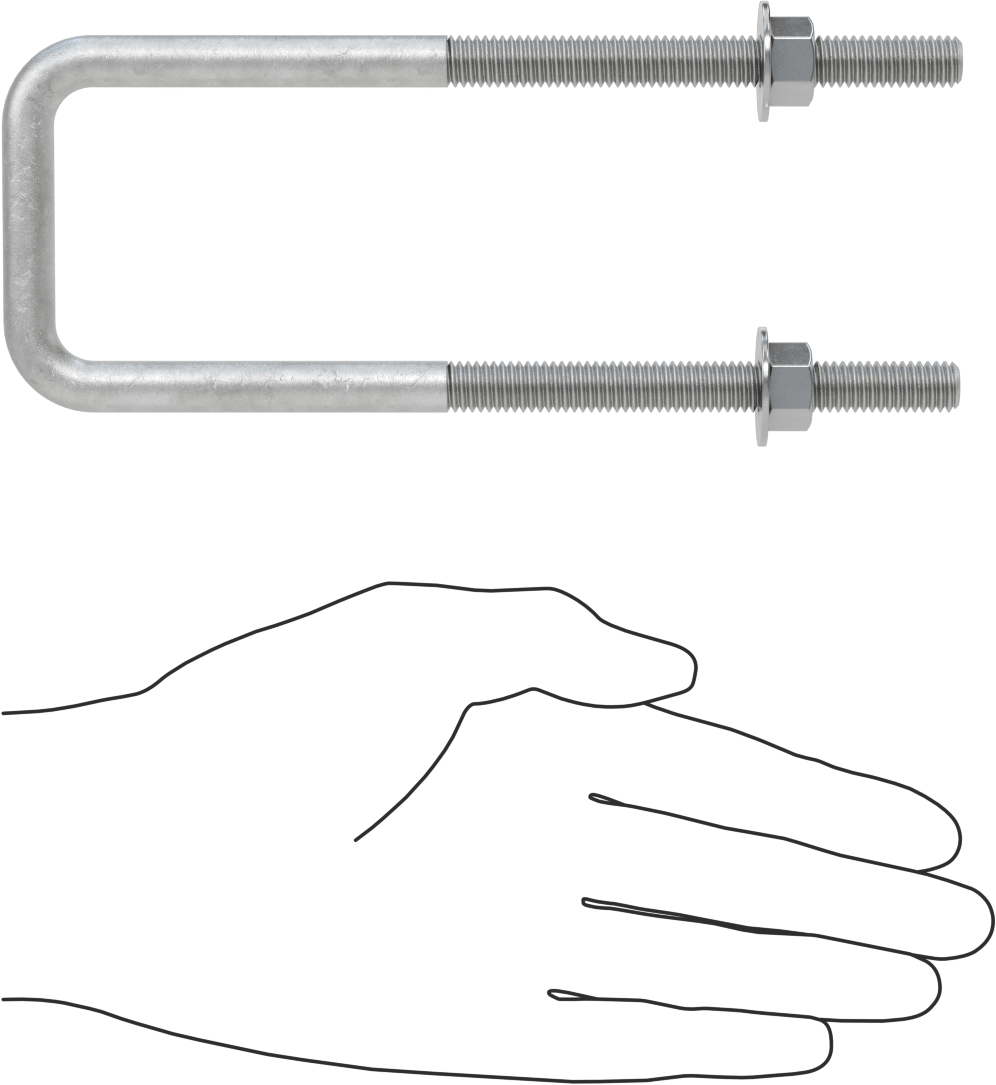 Kare U-Cıvata, Galvanizli Çelik, 3/8"-16 Diş Boyutu, 2" İç Genişlik, 6-5/8" Yükseklik