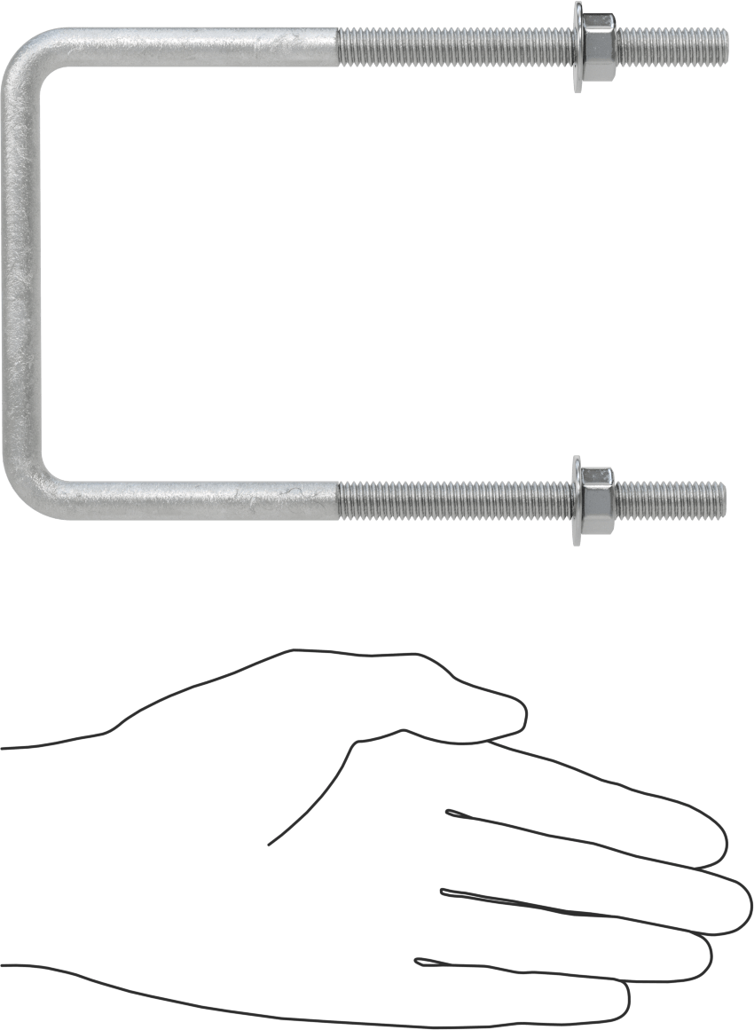 Kare U-Cıvata, Galvanizli Çelik, 3/8"-16 Diş Boyutu, 4" İç Genişlik, 6-5/8" Yükseklik