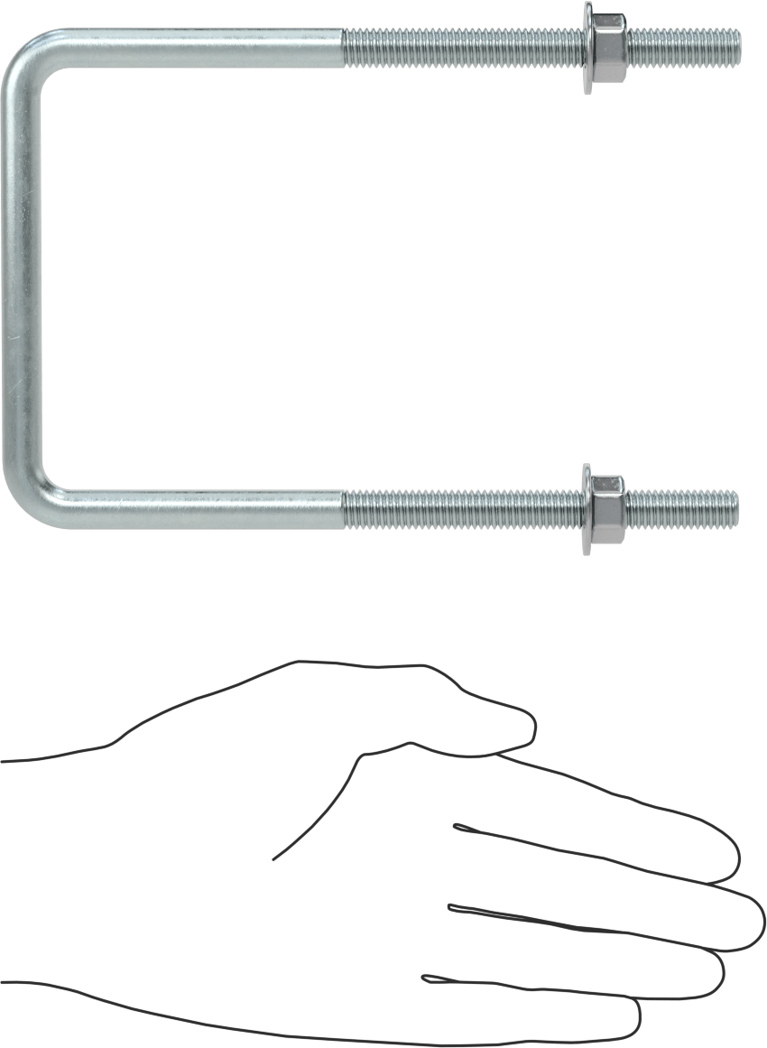 Kare U-Cıvata, Çinko Kaplamalı, Çelik, 3/8"-16 Diş Boyutu, 4" İç Genişlik, 6-5/8" Yükseklik