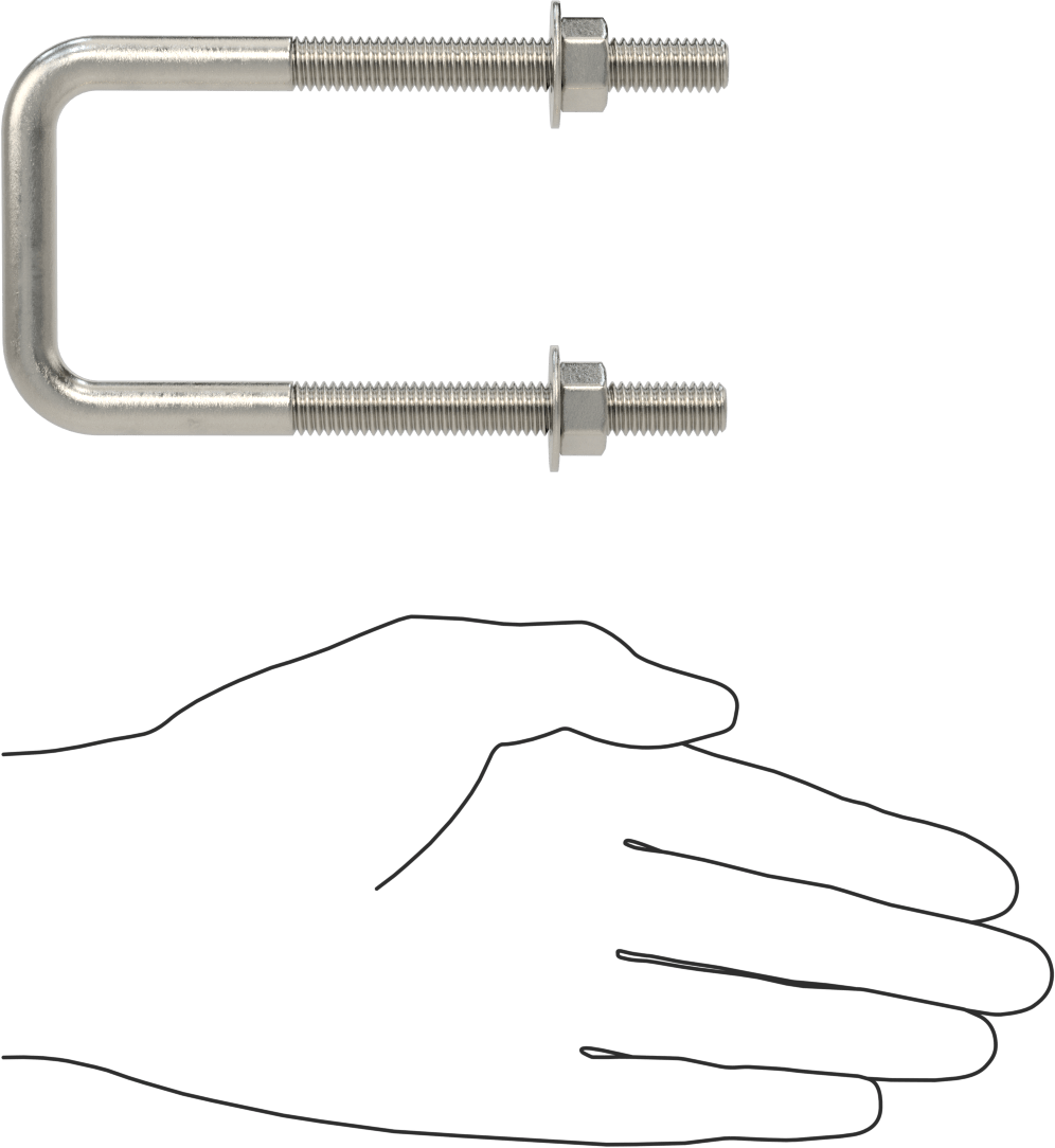 Kare U-Cıvata, 304 Paslanmaz Çelik, 3/8"-16 Diş Boyutu, 2" İç Genişlik, 4-5/8" Yükseklik