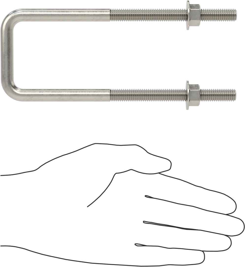 Kare U-Cıvata, 304 Paslanmaz Çelik, 3/8"-16 Diş Boyutu, 2" İç Genişlik, 6-5/8" Yükseklik