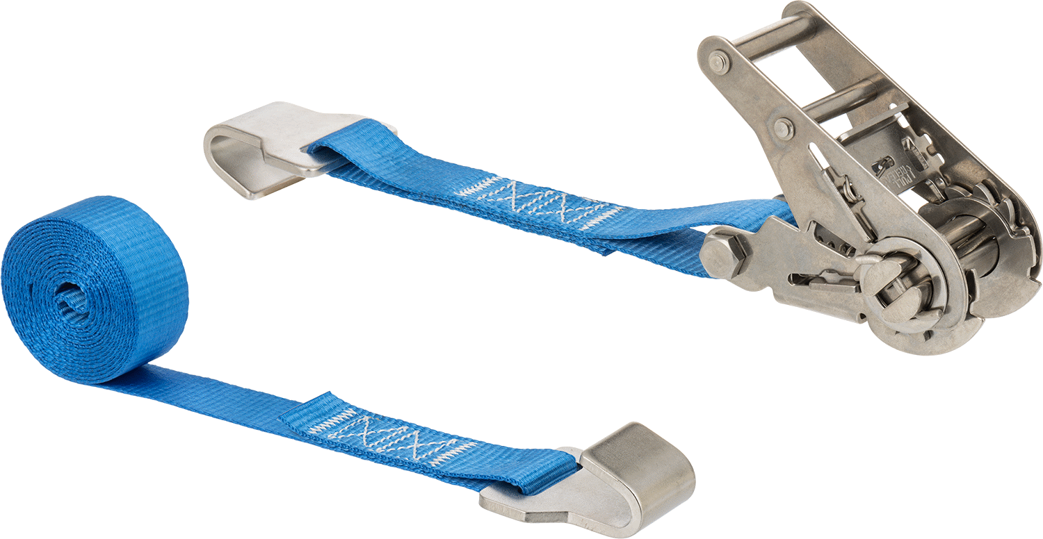 Korozyona Dayanıklı Cırcır Kayışı, Paslanmaz Çelik Düz Kancalar ile, 1-1/2" Genişlik, 10 Fit Maksimum Uzunluk, Polyester