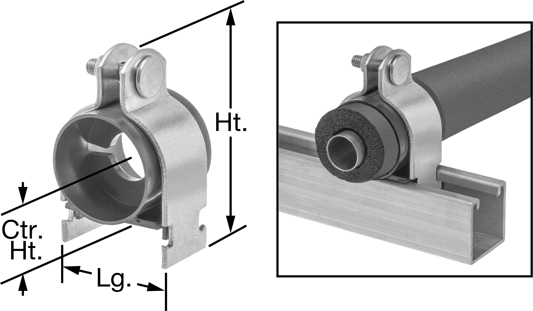 Strut Montajlı Metal Yönlendirme Kelepçesi, Yalıtımlı Boru için, 3-1/8" ID, 4-1/4" Uzunluk