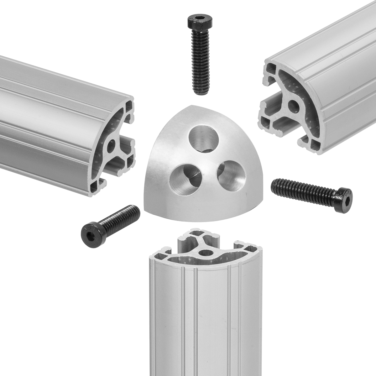 Three-Way Outside Corner Bracket for Radius Two-Slot Rails