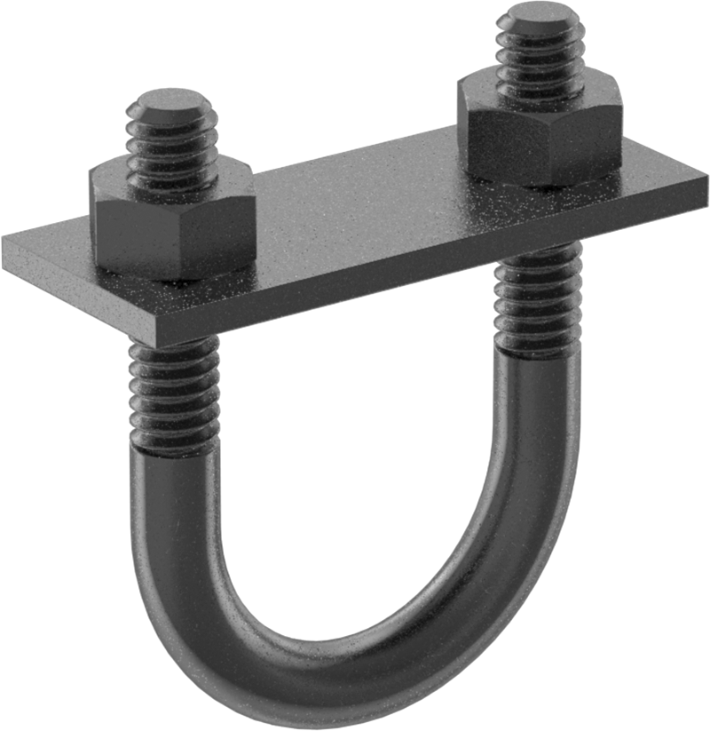 Siyah Oksit Çelik U Cıvatası, Montaj Plakası ile, 1/4"-20 Diş Boyutu, 1" ID