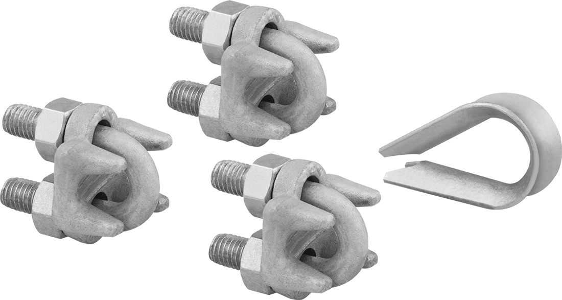 Tel Halat Kelepçesi ve Yüksük Kiti - Kaldırma Amaçlı Değildir, Üç adet galvanizli çelik kelepçe, 1/2" Halat Çapı için