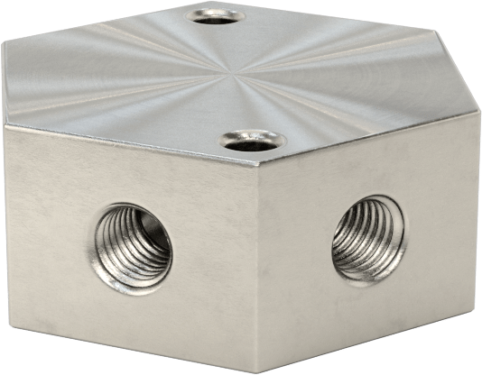 Düşük Profilli Altıgen Manifold, 316 Paslanmaz Çelik, 7/16“-20 UN/UNF Giriş x 5/16”-18 Çıkış