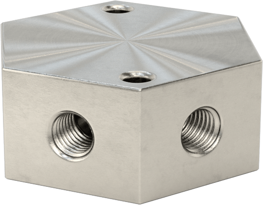 Düşük Profilli Altıgen Manifold, 316 Paslanmaz Çelik, 7/16“-20 UN/UNF Giriş x 5/16”-18 Çıkış