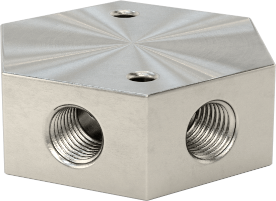 Düşük Profilli Altıgen Manifold, 316 Paslanmaz Çelik, 9/16“-18 UN/UNF Giriş x 7/16”-20 Çıkış