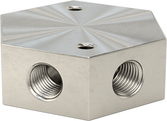 Düşük Profilli Altıgen Manifold, 316 Paslanmaz Çelik, 9/16“-18 UN/UNF Giriş x 7/16”-20 Çıkış