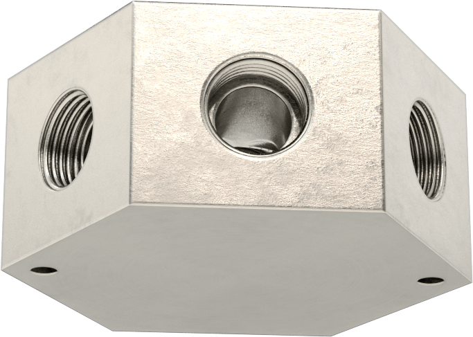 Düşük Profilli Altıgen Manifold, 316 Paslanmaz Çelik, 1-1/16“-12 UN/UNF Giriş x 3/4”-16 Çıkış