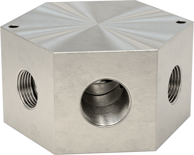 Düşük Profilli Altıgen Manifold, 316 Paslanmaz Çelik, 1-5/16“-12 UN/UNF Giriş x 1-1/16”-12 Çıkış