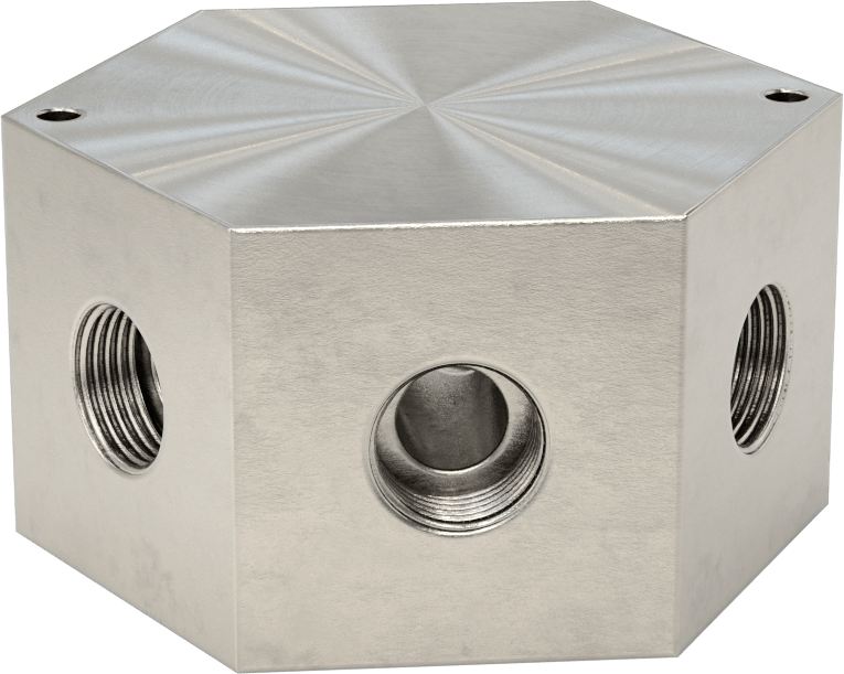 Düşük Profilli Altıgen Manifold, 316 Paslanmaz Çelik, 1-5/16“-12 UN/UNF Giriş x 1-1/16”-12 Çıkış