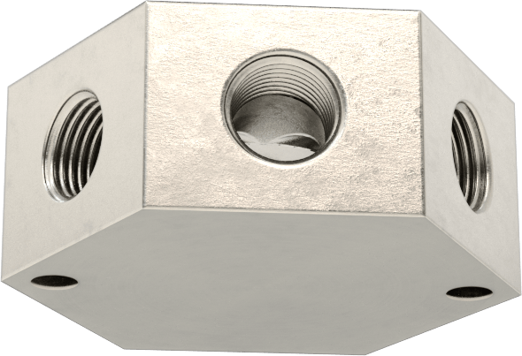 Düşük Profilli Altıgen Manifold, 316 Paslanmaz Çelik, 1/4 BSPT Giriş x 1/8 BSPT Çıkış