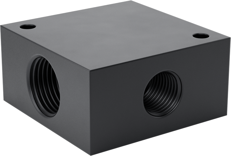 Üç Çıkışlı Düşük Profilli Kare Manifold, Alüminyum, UN/UNF (SAE), 3/4“-16 Giriş x 9/16”-18 Çıkış