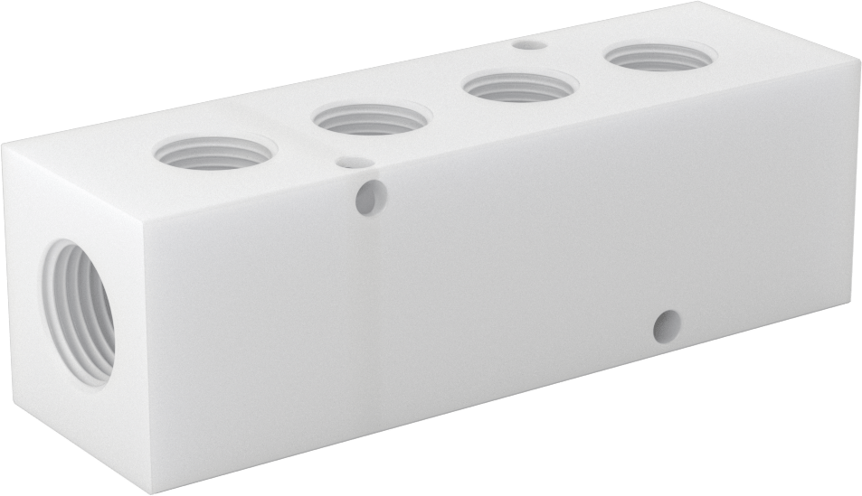 Dik Açılı Akış Dikdörtgen Manifold, Asetal, 4 Çıkış, 1/2 NPT Giriş x 3/8 NPT Çıkış