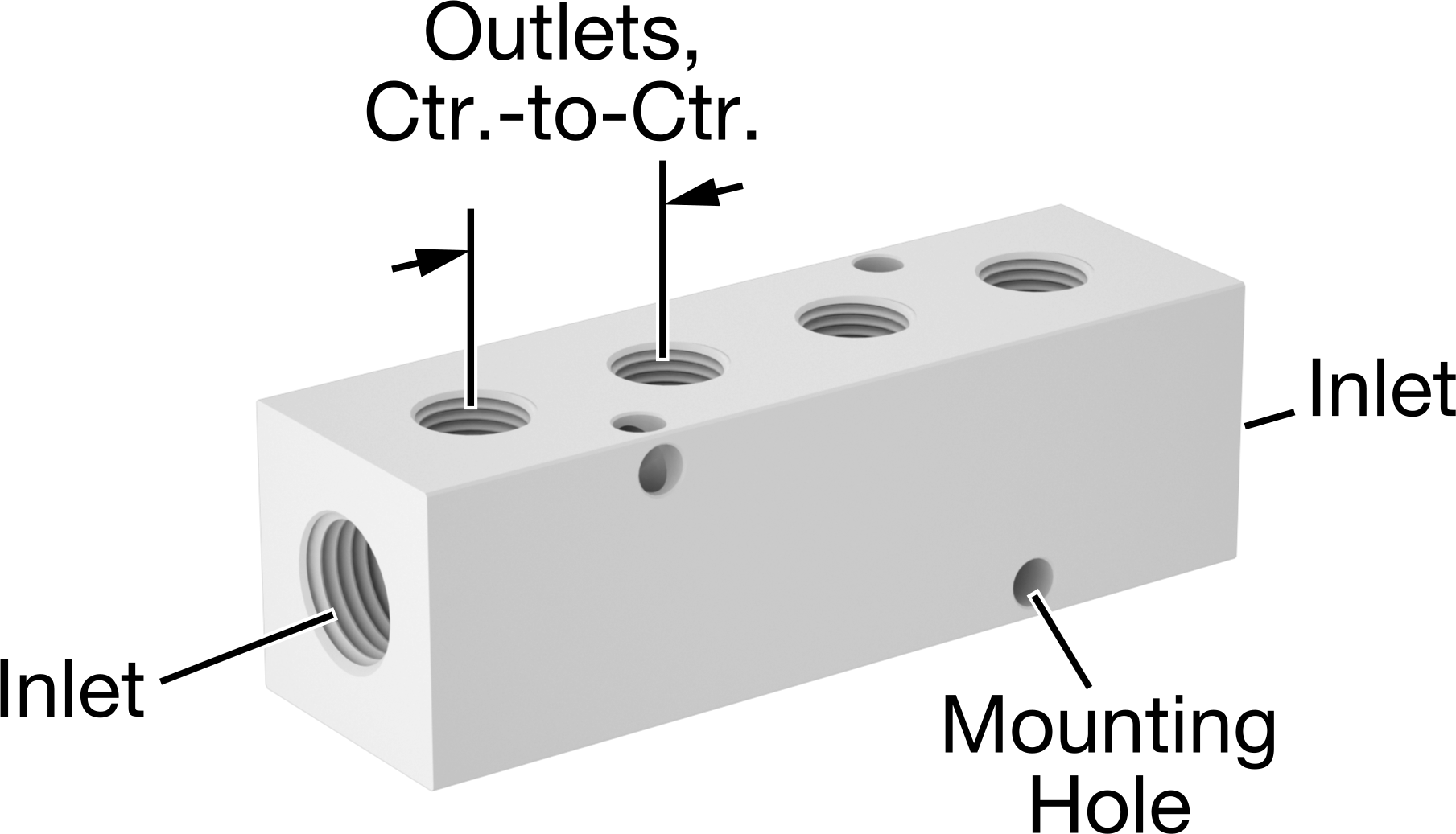 Dik Açılı Akış Dikdörtgen Manifold, Asetal, 4 Çıkış, 1/4 NPT Giriş x 1/8 NPT Çıkış