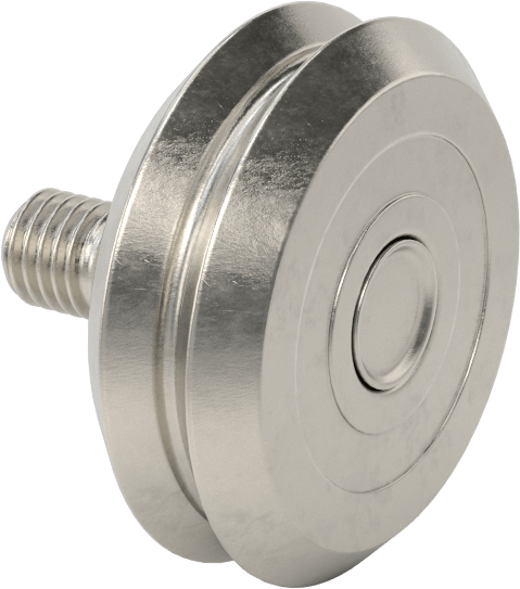 Dişli V-Oluklu Ray Makarası, Ayarlanabilir Omuzlu ve Contalı, Çelik, 46 mm Silindir Çapı, 15 mm Saplama Uzunluğu