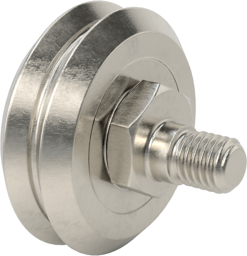 Dişli V-Oluklu Ray Makarası, Ayarlanabilir Omuzlu ve Contalı, Çelik, 46 mm Silindir Çapı, 15 mm Saplama Uzunluğu
