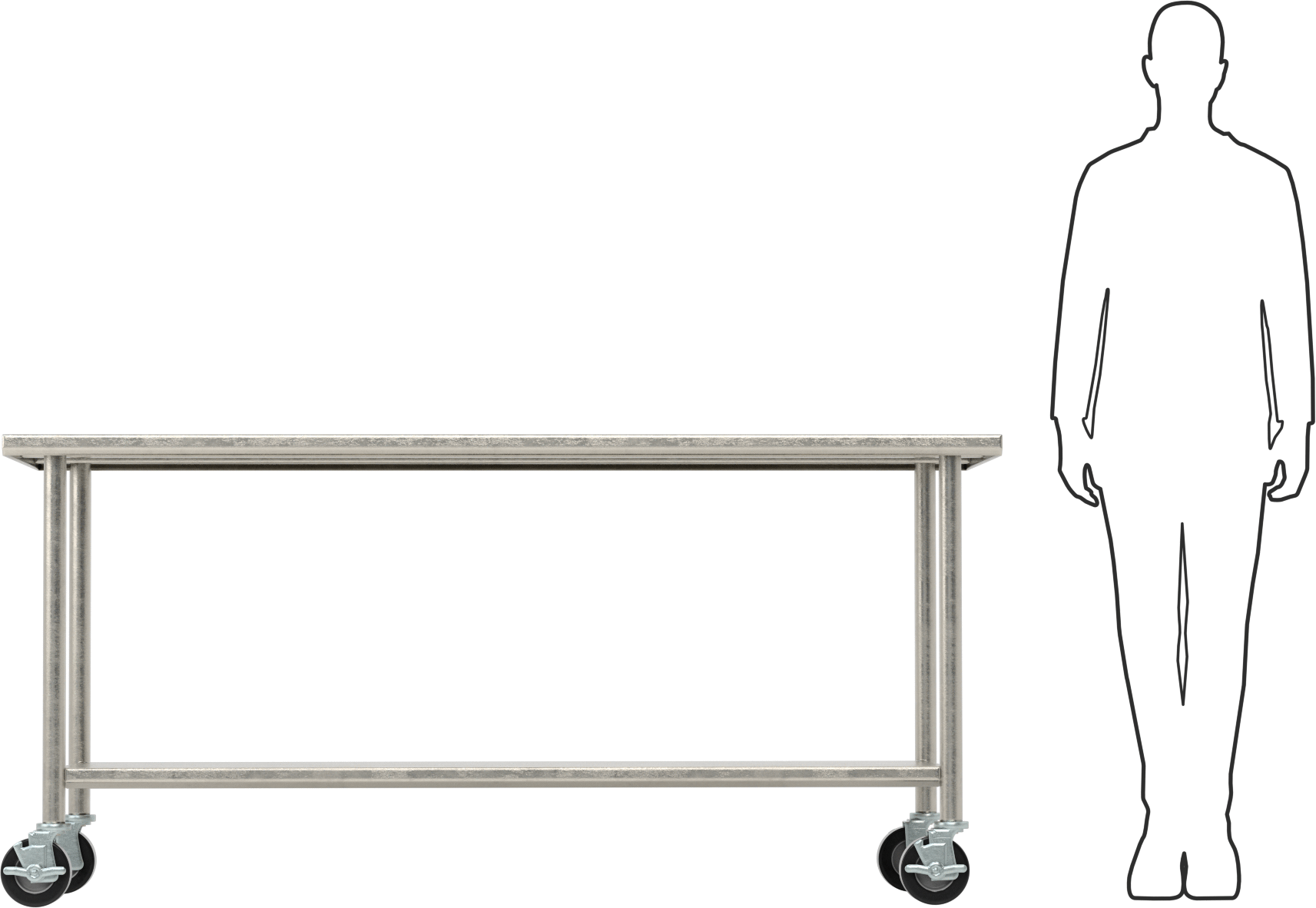Paslanmaz Çelik Masa, Raflı, Mobil, 34“ Yükseklik x 72” Genişlik x 30" Derinlik